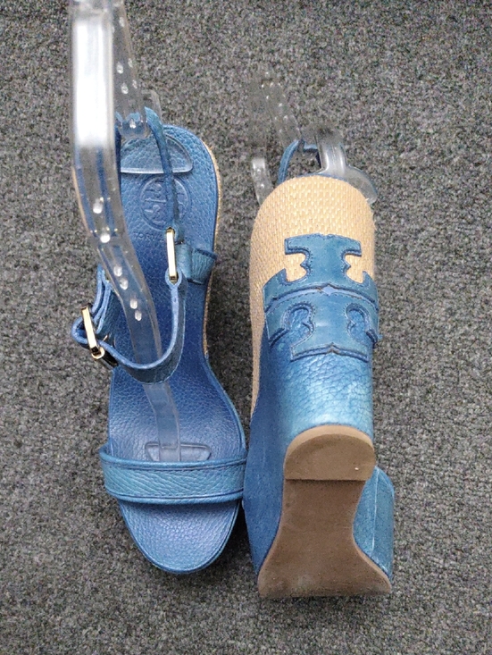Tory Burch Shoes - Tory Burch Blue Leather Wedge Sandals with Natural Raffia Accent